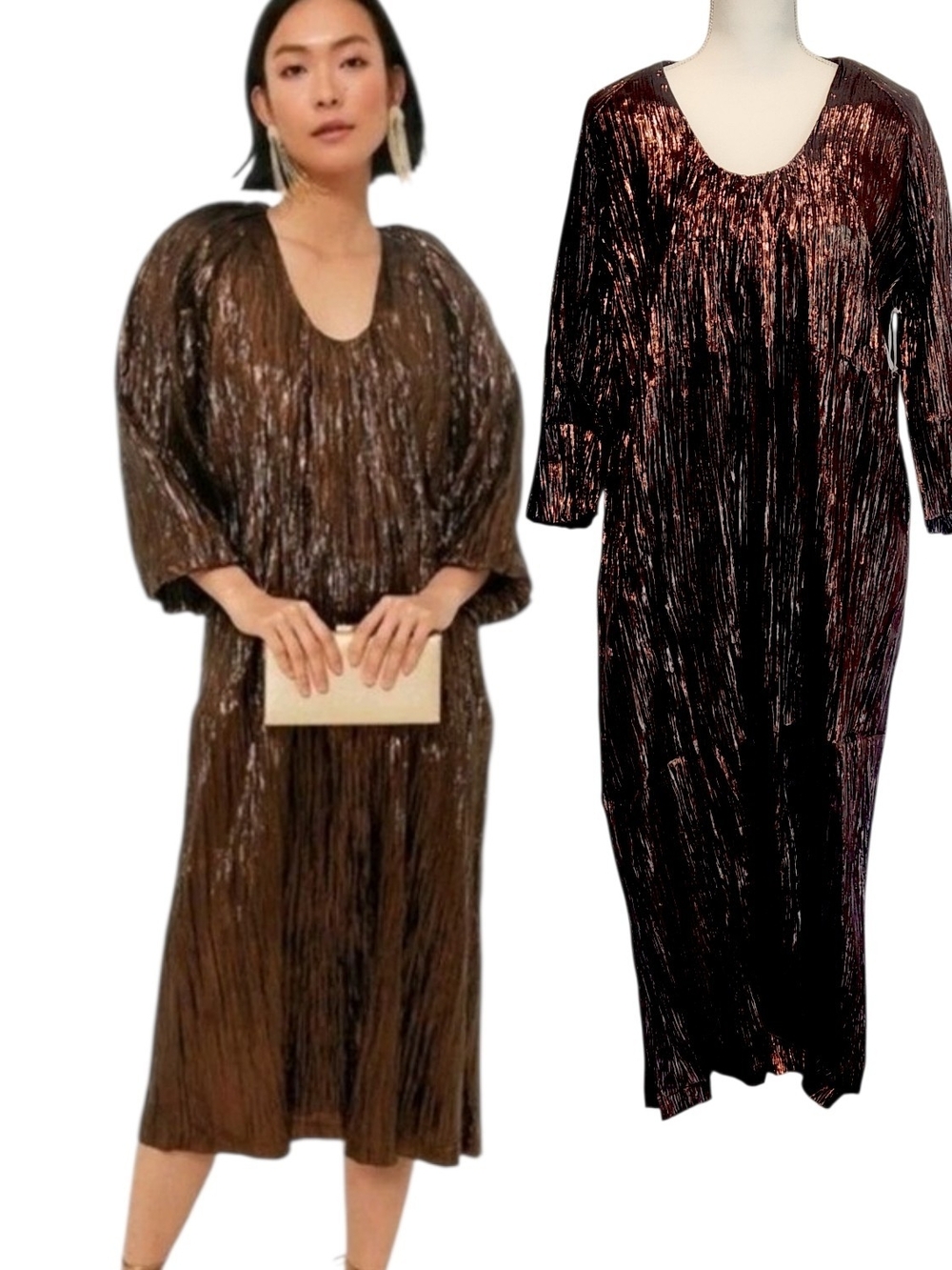 NWT Tuckernuck Plisse Dorinda Micro Pleated Bronze Metallic Midi Party Dress XS